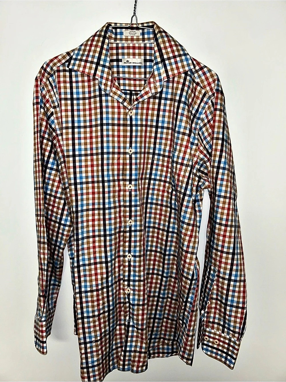 Peter Millar Plaid Cotton Button Down in Brown & Blue Large